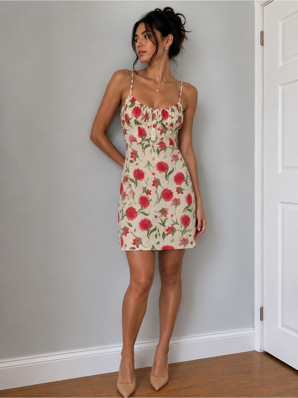 NWT Floral Spaghetti Strap Midi Dress - Cream with Red & Green Floral Print